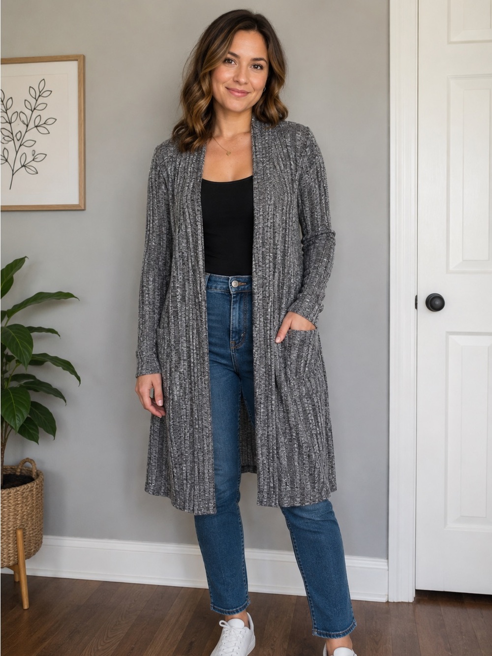 Sunday Grey Marled Long Open-Front Ribbed Duster Cardigan- Women’s Medium